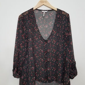 Kirra (PacSun) Floral Hi-Lo Sheer Gray pink Blouse shirt long sleeve top Medium
